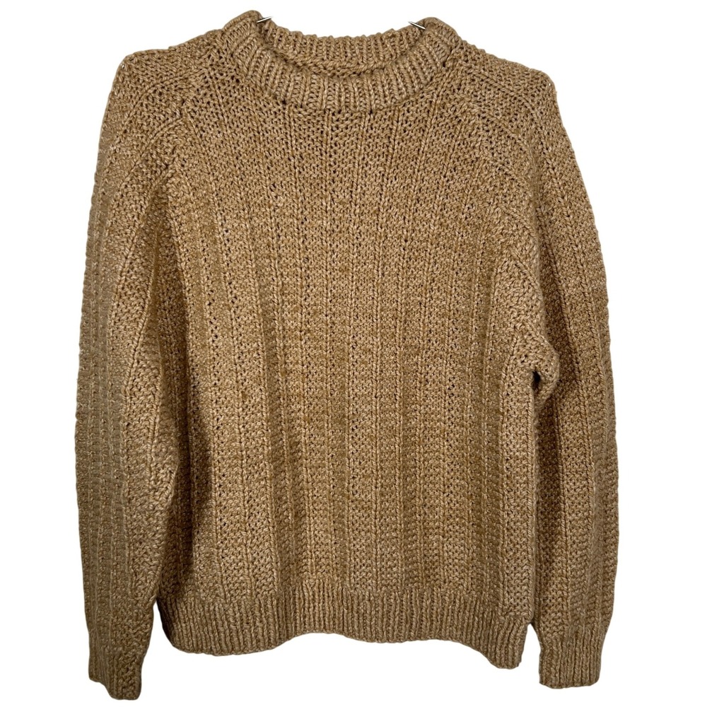 Vintage Chunky‎ Knit Cardigan Sweater Tan Ribbed Crew Neck Mens Large